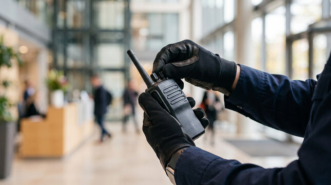 Security guard's hands checking a two-way radio &mdash; safety and protective service occupation concept.