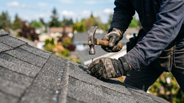 Roofer's hands nailing shingles on a rooftop &mdash; construction trade and roofing occupation concept.