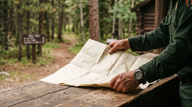 Park ranger's hands checking a trail map &mdash; conservation and outdoor environmental service occupation concept.