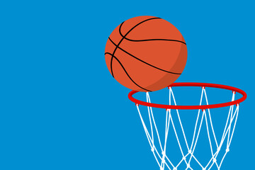 Vector illustration of a basketball about to score in a hoop against a blue background. Sports concept with copy space, ideal for basketball tournaments, championships, posters, banners, social media, © capplebkk