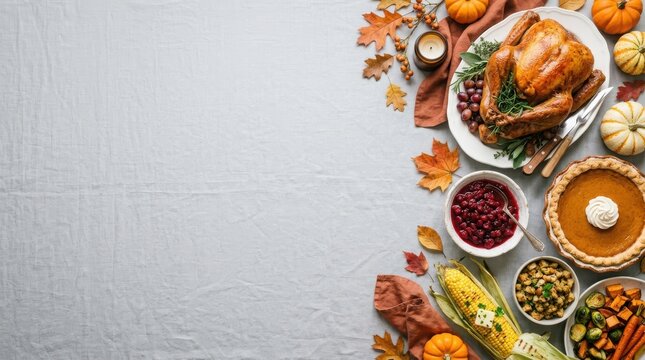 Festive thanks giving day dinner roasted turkey pumpkin pie and autumn harvest feast