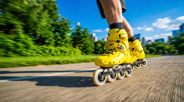 Close up of yellow inline skates on paved path with city skyline background