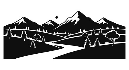 Mountain Landscape With River And Trees Black Silhouette © sakib