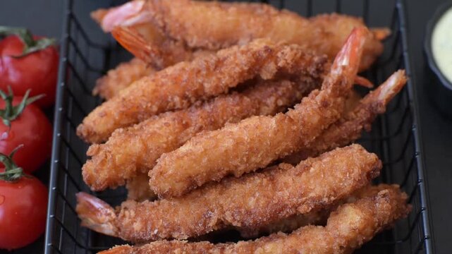Shrimp or prawn tempura breaded with salt, spices and white tartar sauce, Asian cuisine. Tempura shrimp as a food background for your design