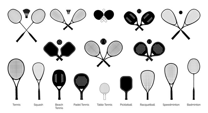 Racket sports silhouette vector set. Crossed rackets and balls icons for tennis, pickleball, padel tennis, badminton, squash, table tennis, racquetball, beach tennis isolated on white background