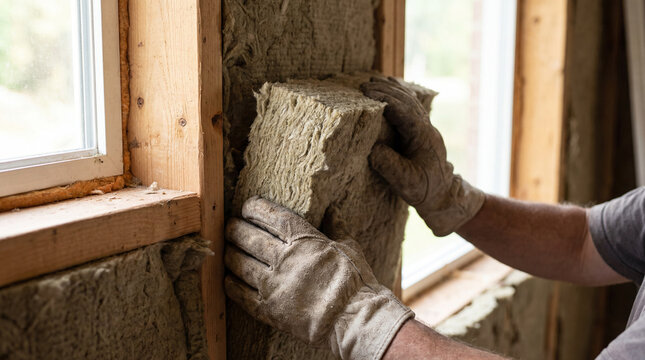 Worker hands installing thermal insulation between wooden wall studs at a construction site