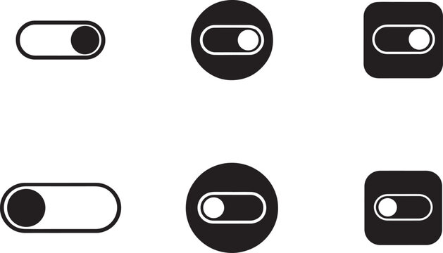 Toggle switch icon set for UI controls in outline, solid, circle and square styles for web and apps.