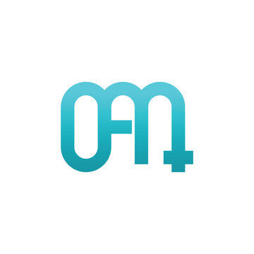 Stylized cyan gradient logo with lowercase letters ofm and a cross symbol.