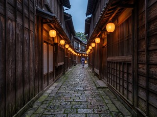 Fototapeta premium 夕暮れの情緒あふれる古い町並みと石畳を歩く浴衣女性
