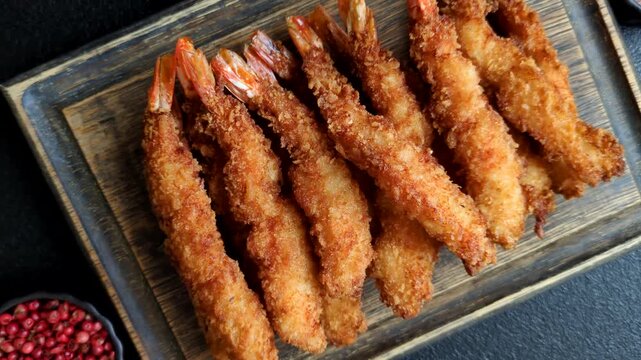Shrimp or prawn tempura breaded with salt, spices and white tartar sauce, Asian cuisine. Tempura shrimp as a food background for your design