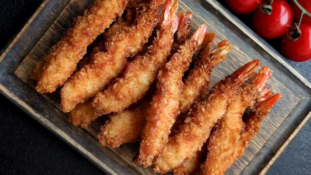 Shrimp or prawn tempura breaded with salt, spices and white tartar sauce, Asian cuisine. Tempura shrimp as a food background for your design