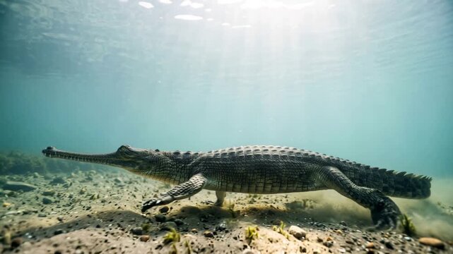 gharial underwater close up in chambal river india morning light video
