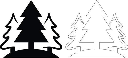 Coniferous pine tree forest icon in flat solid and line art with coniferous evergreen landscape illustration silhouette © msmdesign