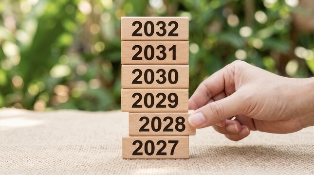 Stacking wooden blocks with years 2027 to 2032 for future planning concept