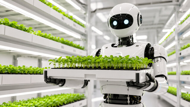 A humanoid robot carries a tray of fresh microgreens inside a bright automated vertical farm.