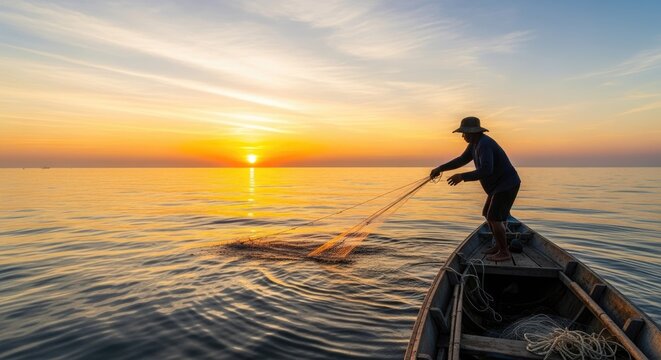 Fisherman casting net from boat at golden sunrise.