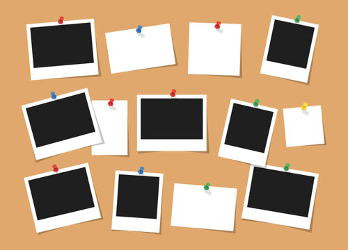 Blank polaroid photo frames and paper notes pinned to a corkboard