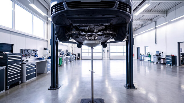 Low angle view of car raised on hydraulic lift in modern auto service station with oil drain pan