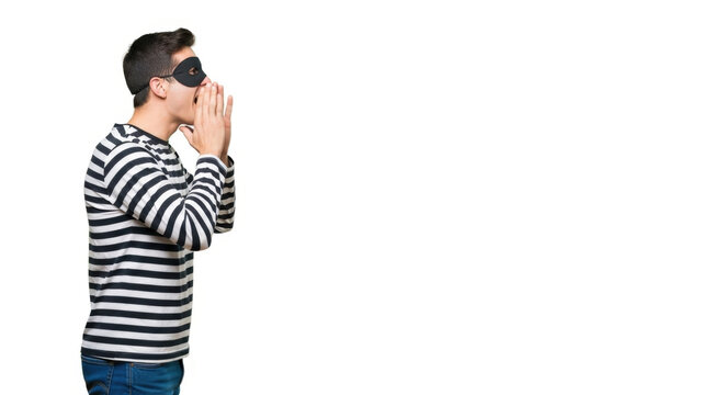 Distressed Thief in Striped Outfit Shouting with Hands to Mouth Wearing Mask on White Background