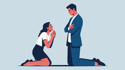 Fototapeta premium Desperate young woman kneeling down on the floor and begging for forgiveness from a cold and indifferent man on his knees.