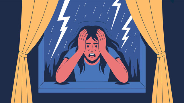 Terrified woman holding her head in fear while looking out the window during a severe thunderstorm with lightning.