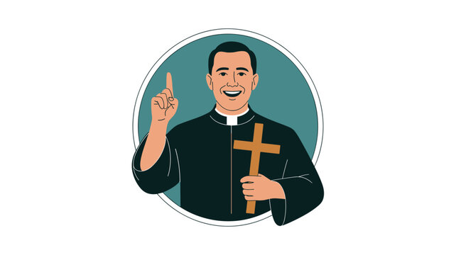 Friendly catholic priest wearing a black cassock and holding a wooden cross while pointing his finger up to heaven.