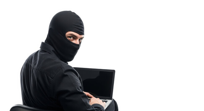 Hacker in Mask Holding Laptop_Online Security and Cybercrime_Data Thief Stealing Information on Computer_Isolated on White Background