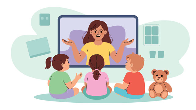 Group of children sitting on the floor and watching an educational video on a large screen representing online learning.