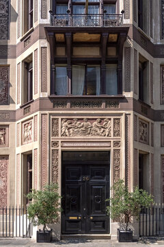 LONDON, UK - JULY 11, 2026:  Exterior of Royal College of Organists building in Kensington Gore with ornate Sgraffito ceramic panels and sign