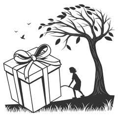 Child pulling a large gift box under a tree silhouette