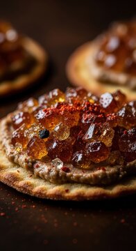 Tasty crackers with sweet honey and syrupy topping on dark background. Tasty bites feature glistening crushed sugar balls adding texture and flavor. Concept of gourmet snacks for food enthusiasts.