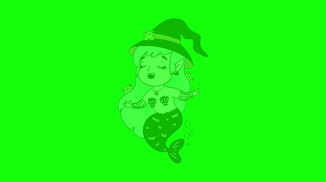 Cute Mermaid Witch Green Screen | Animated Halloween Chibi Character Chroma Key Little Cartoon Mermaid Wearing Witch Hat Animated Floating Mermaid Witch with Frogs &ndash; Green Screen Cute Video Asset
