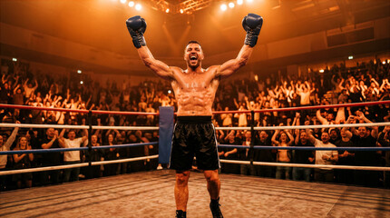 Fototapeta premium Boxer celebrating victory in ring with arms raised and crowd cheering