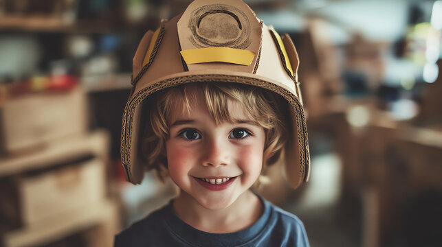 A cheerful child wearing a playful cardboard fireman hat, radiating joy in a creative, workshop environment.