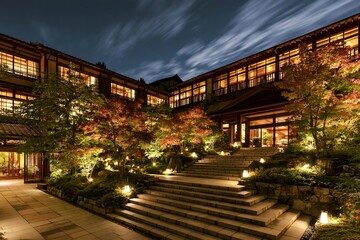 Fototapeta premium 秋の夜に浮かび上がる美しい日本庭園と旅館のライトアップ