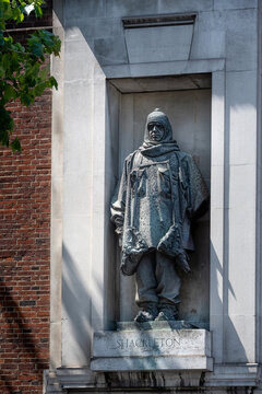 LONDON, UK - JULY 11, 2026:  Memorial monument statue of Ernest Shackleton on the exterior of the Royal Geographic Society in Exhibition Road, South Kensington