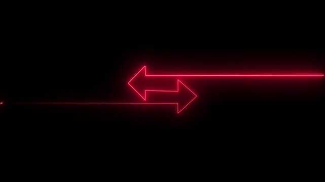 Neon red glowing arrows moving in opposite directions on black background, minimalist motion light