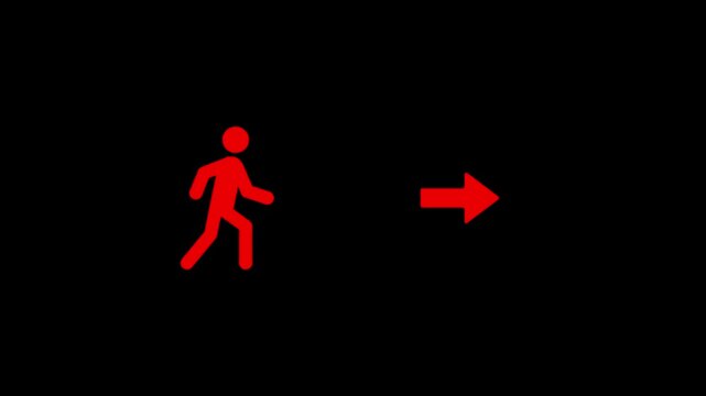 Red walking man with directional arrow animation for navigation and wayfinding pedestrian