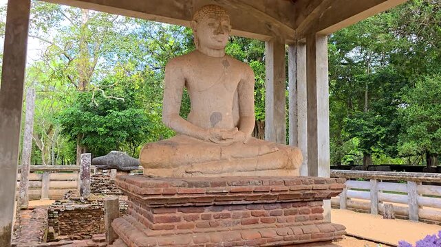 The Samadhi Buddha Statue at Mahamevnawa Park, Anuradhapura, Sri Lanka, depicting Lord Buddha in Dhyana Mudra, a masterpiece of ancient Buddhist sculpture.