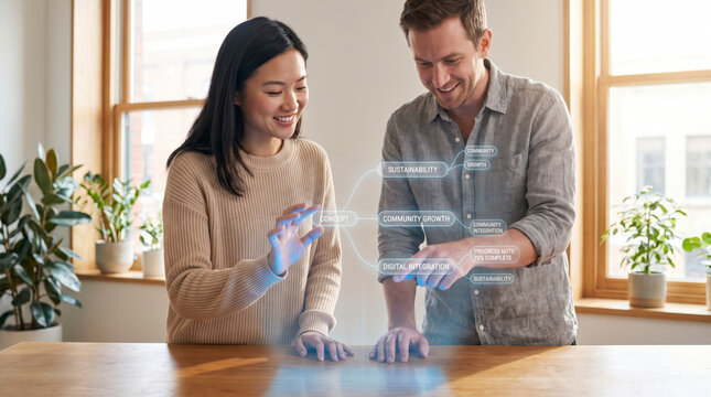 Two diverse colleagues shaping floating holographic concept web at warm studio table