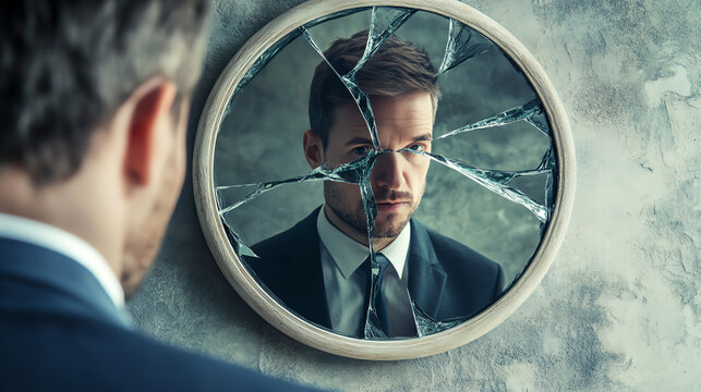 A man gazes into a shattered mirror, reflecting deeper emotions and self-reflection in a moment of introspection.