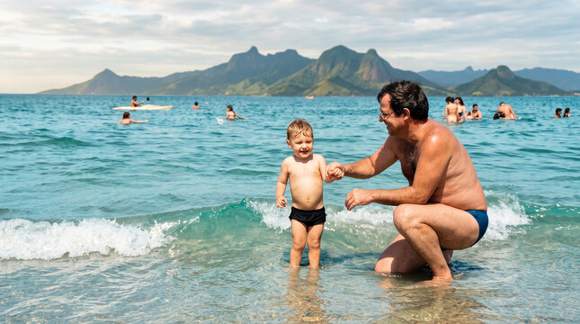 Father Teaching Young Son to Swim in Ocean