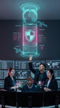 Diverse security team beside tall floating holographic shield tower in operations center