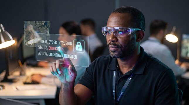 Focused man analyst tapping glowing padlock on floating holographic threat panel closeup