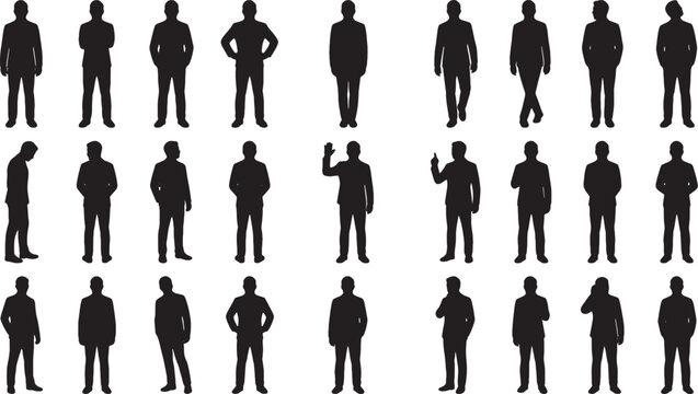 Set of black silhouettes of business men standing in many different poses