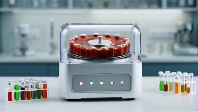 Automated laboratory centrifuge with sample vials in medical facility science research experiment analysis equipment