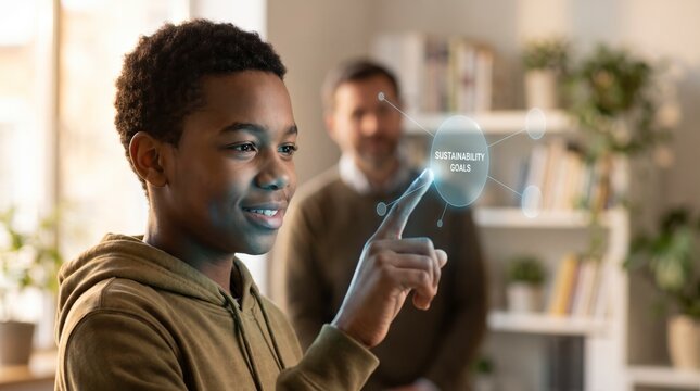Curious teenage student touching glowing node on floating holographic concept diagram