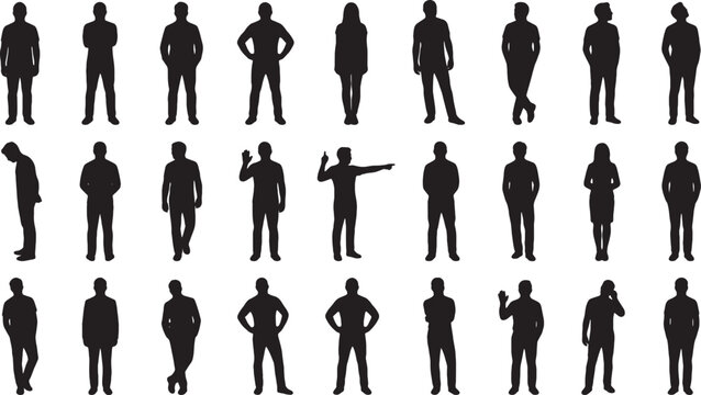 Group of diverse people silhouettes standing in various poses and positions