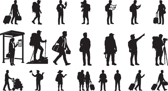 Set of black silhouettes of travelers with luggage and backpacks for tourism