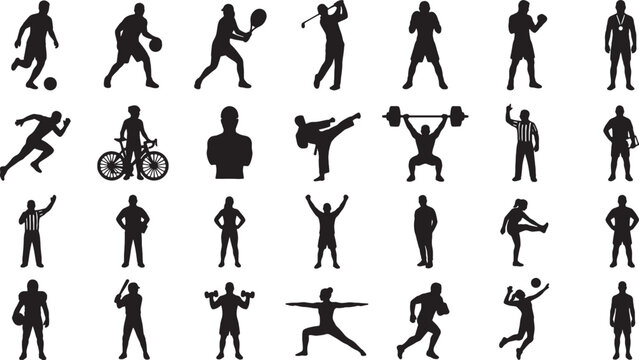 Black silhouette collection of people playing different sports and activities